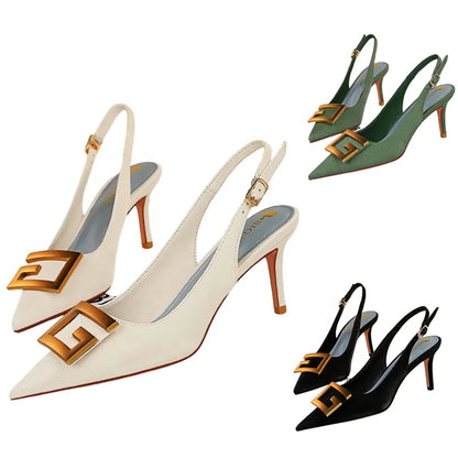 Women Shallow Pointed Hollow Back Metal Square Buckle Heel