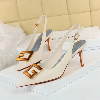 Women Shallow Pointed Hollow Back Metal Square Buckle Heel