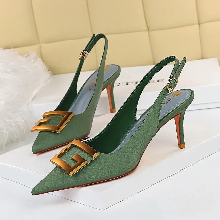 Women Shallow Pointed Hollow Back Metal Square Buckle Heel