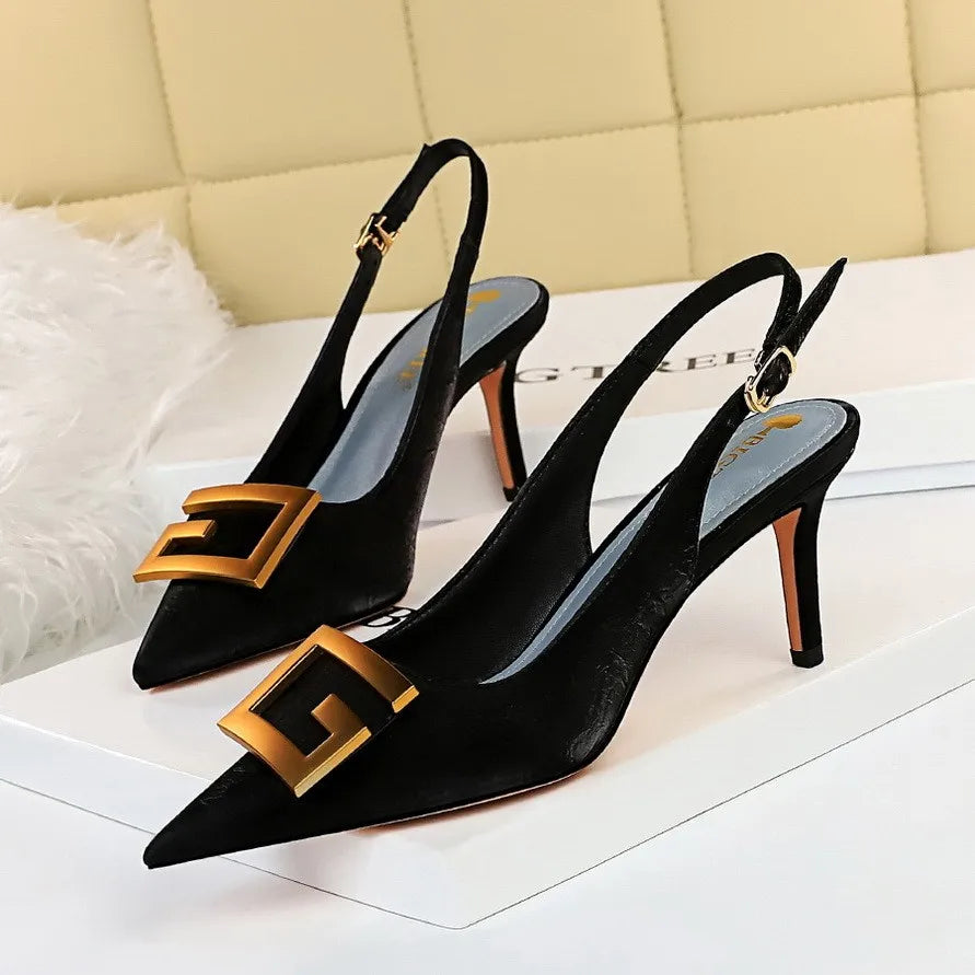 Women Shallow Pointed Hollow Back Metal Square Buckle Heel