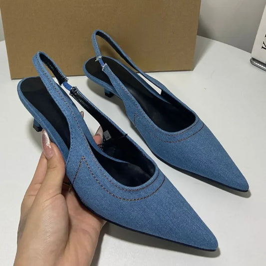 Low Heeled Women Casual Blue Demin Pointed Slingbacks