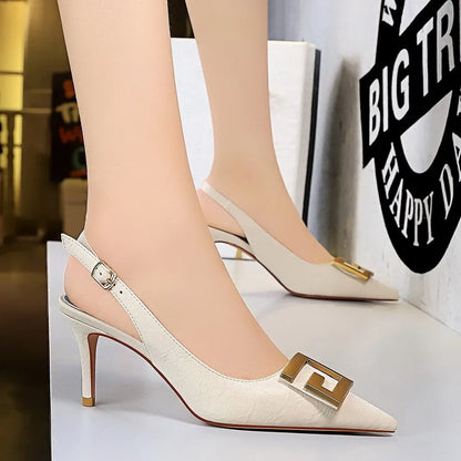 Women Shallow Pointed Hollow Back Metal Square Buckle Heel