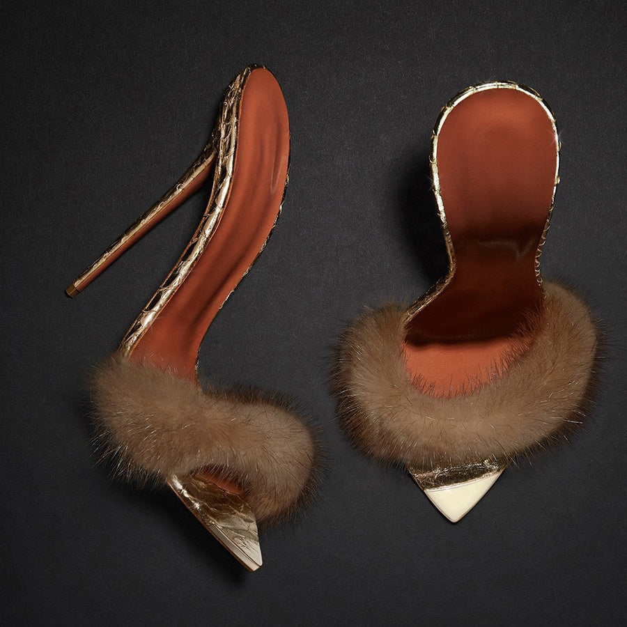 Luxury Mink Fur Spike Ladies Women Shoes High Heels